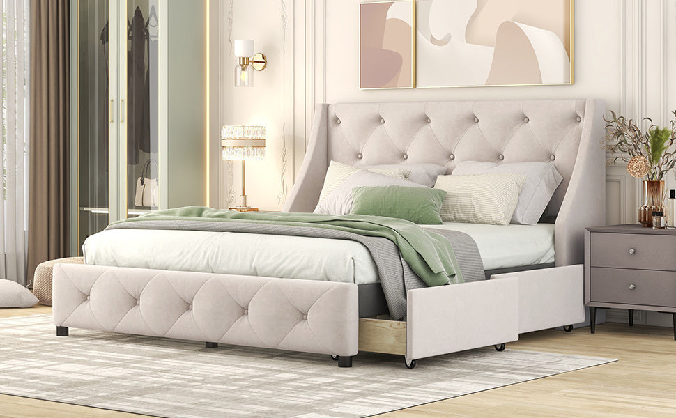 upholstered platform bed with wingback tufted headboard and 4 drawers, beige