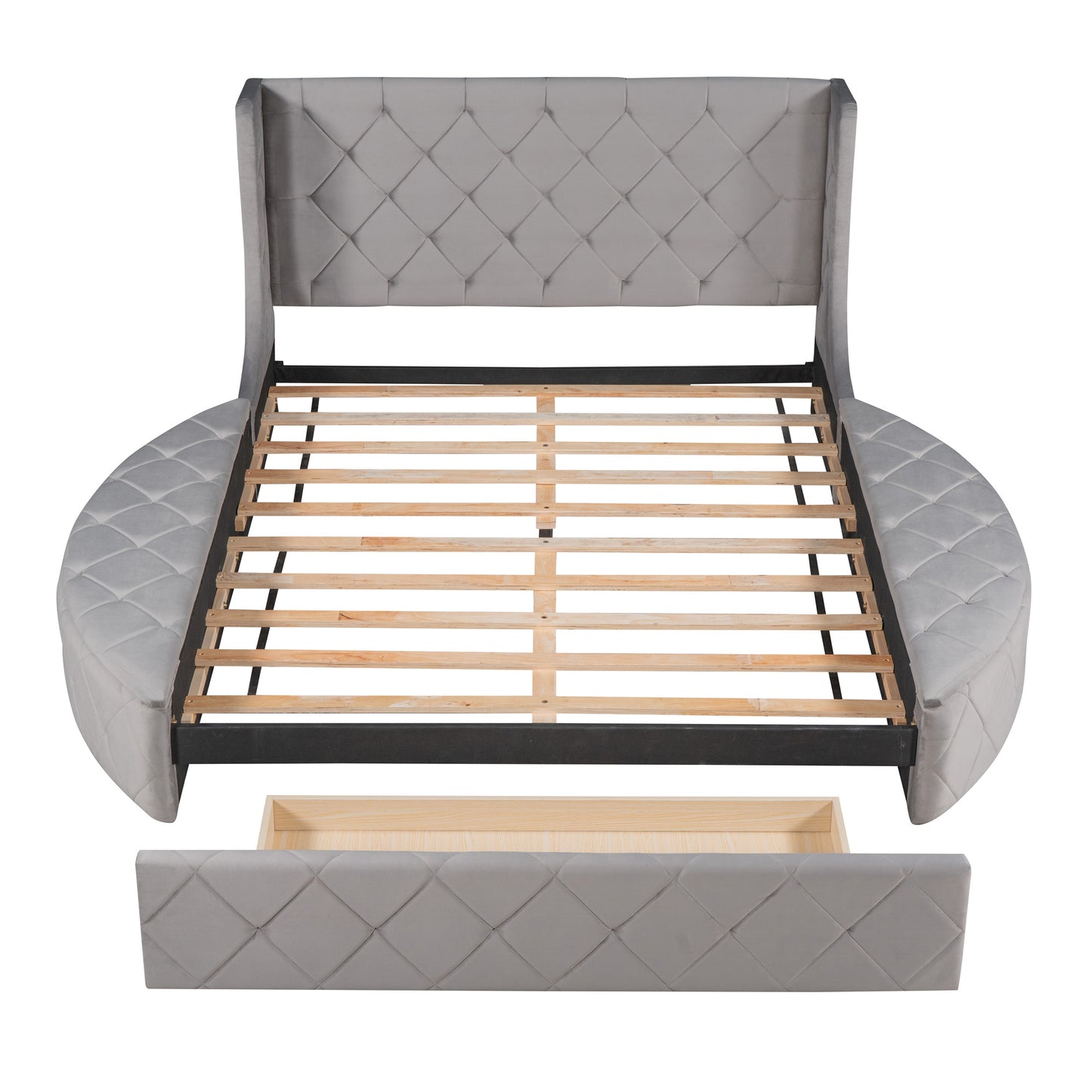 upholstered velvet platform bed with wingback headboard and 1 big drawer; 2 side storage stool