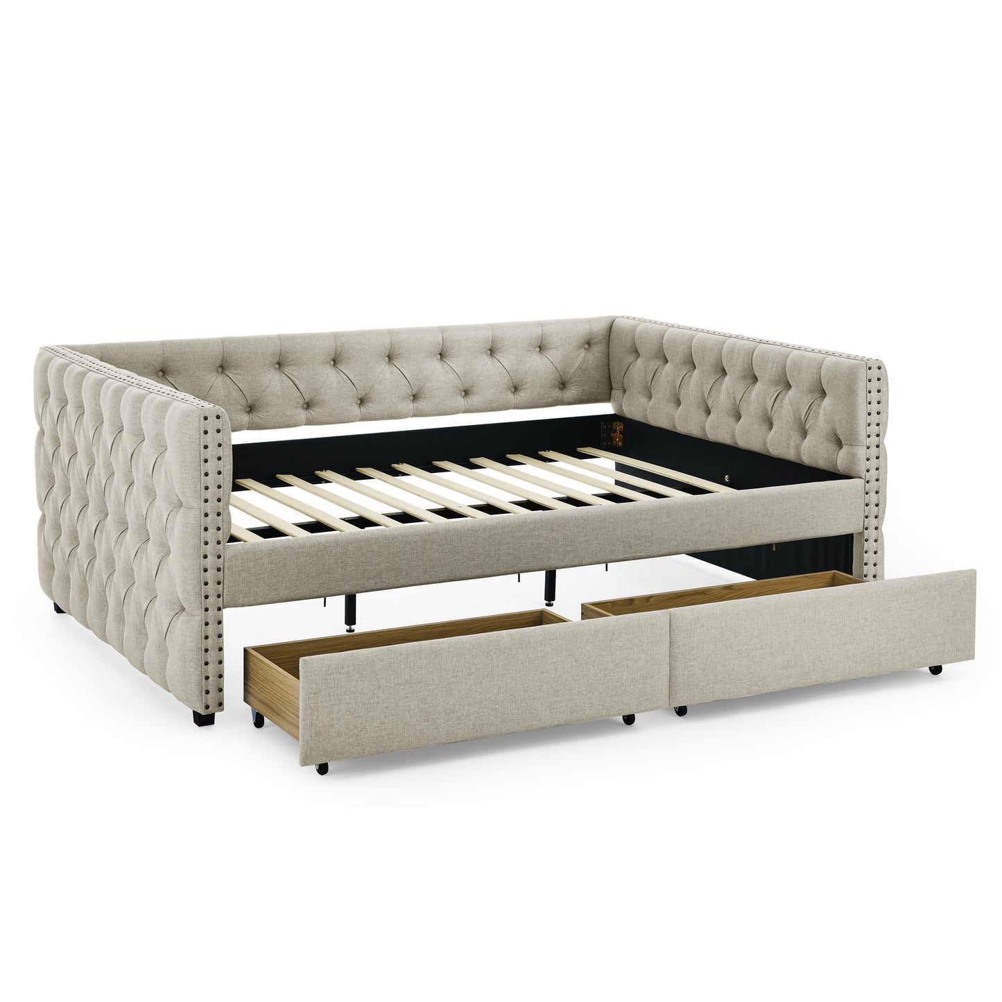 upholstered full size bed with two drawers, beige