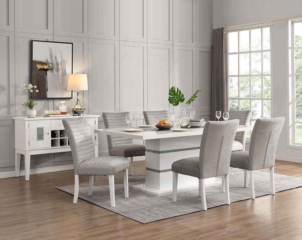 acme elizaveta dining table, gray velvet, faux crystal diamonds &white high gloss finish