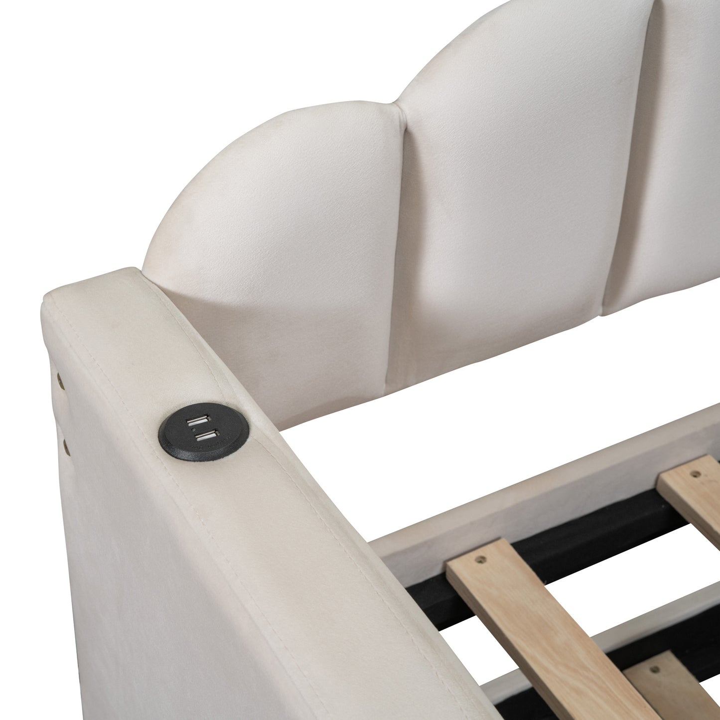 upholstered velvet bed with usb charging ports, beige