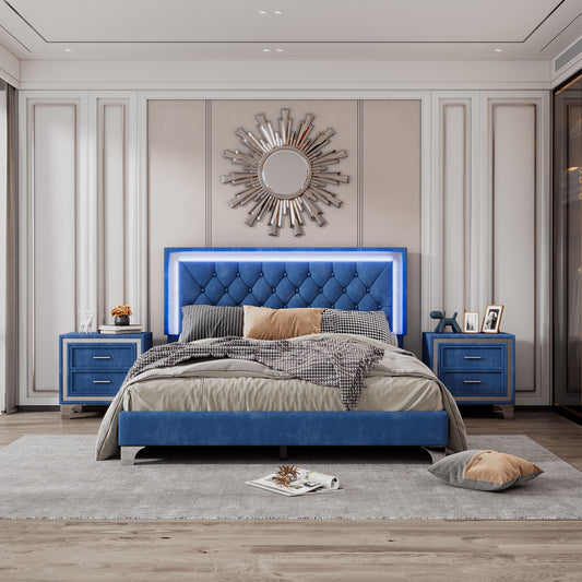 3-Pieces Upholstered Platform Bed with LED Lights and Two Nightstands-Blue