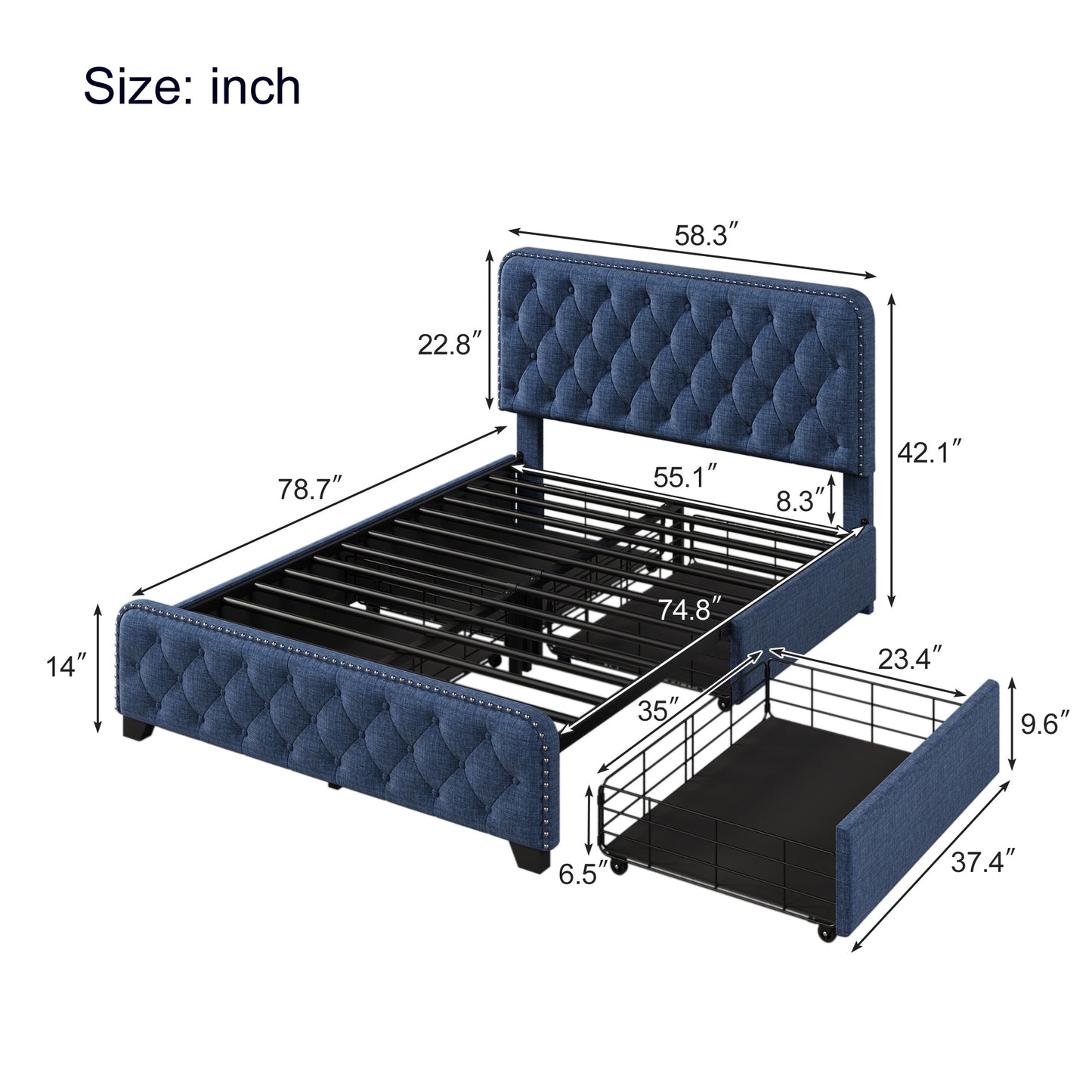 upholstered platform bed frame with four drawers, blue