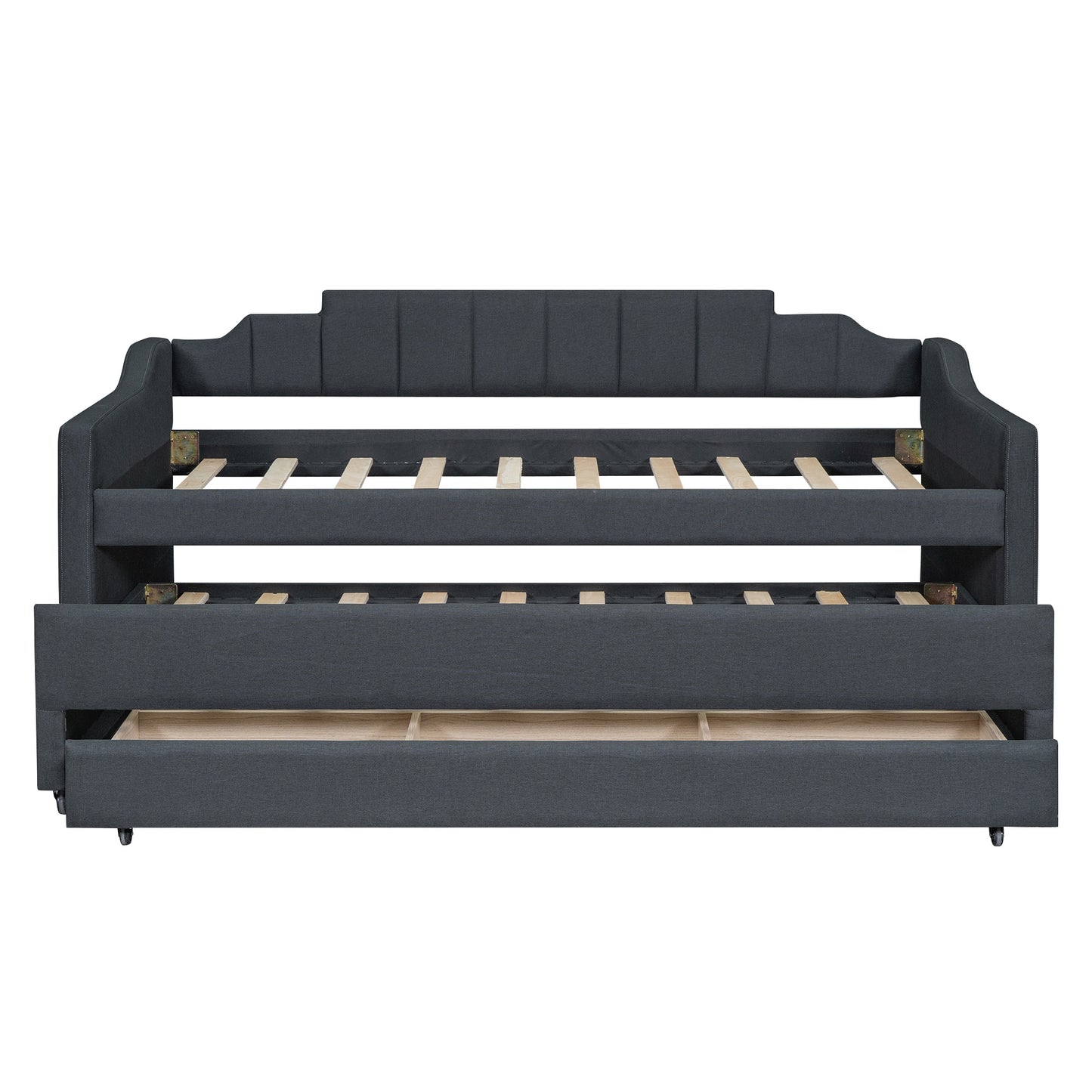upholstered bed with trundle and three drawers, grey