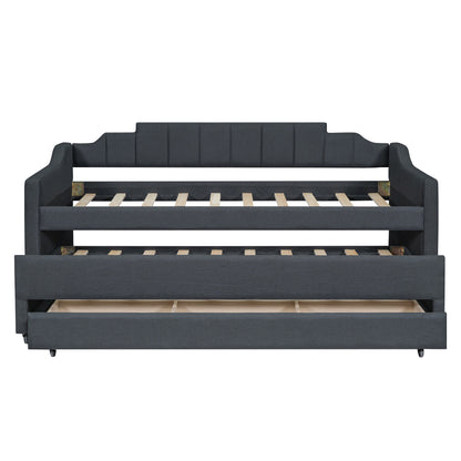 Upholstered Bed with Trundle and Three Drawers, Grey