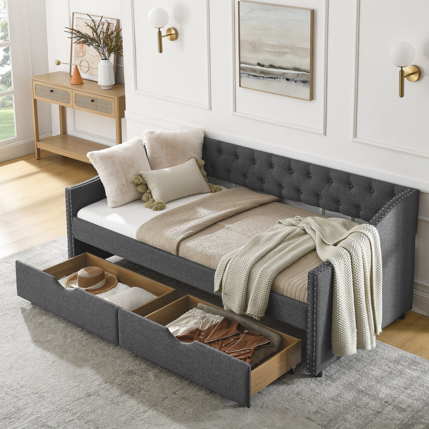 upholstered tufted sofa bed with drawers in grey