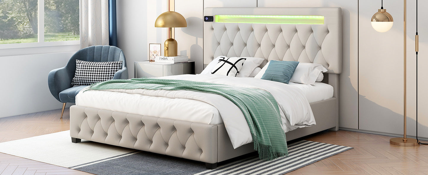 upholstered bed featured with bluetooth audio, led light and usb charging, beige