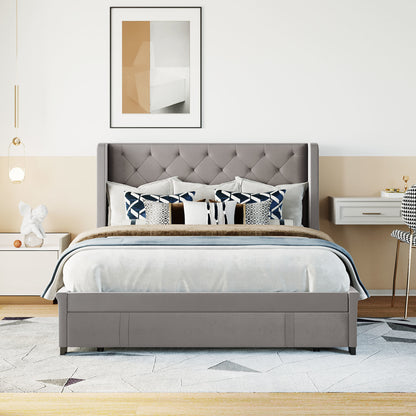 Modern Velvet Upholstered Platform Bed with Wingback Headboard and a Big Drawer