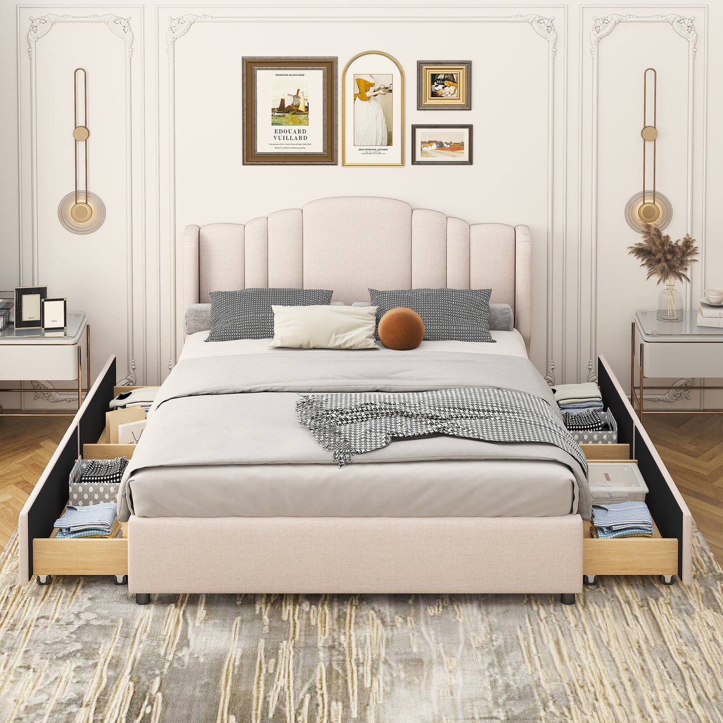 mie upholstered platform bed with wingback headboard and 4 drawers