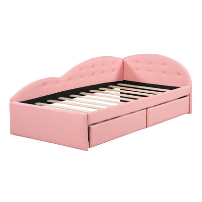 Upholstered Tufted Bed with Two Drawers and Cloud Shaped Guardrail, Pink
