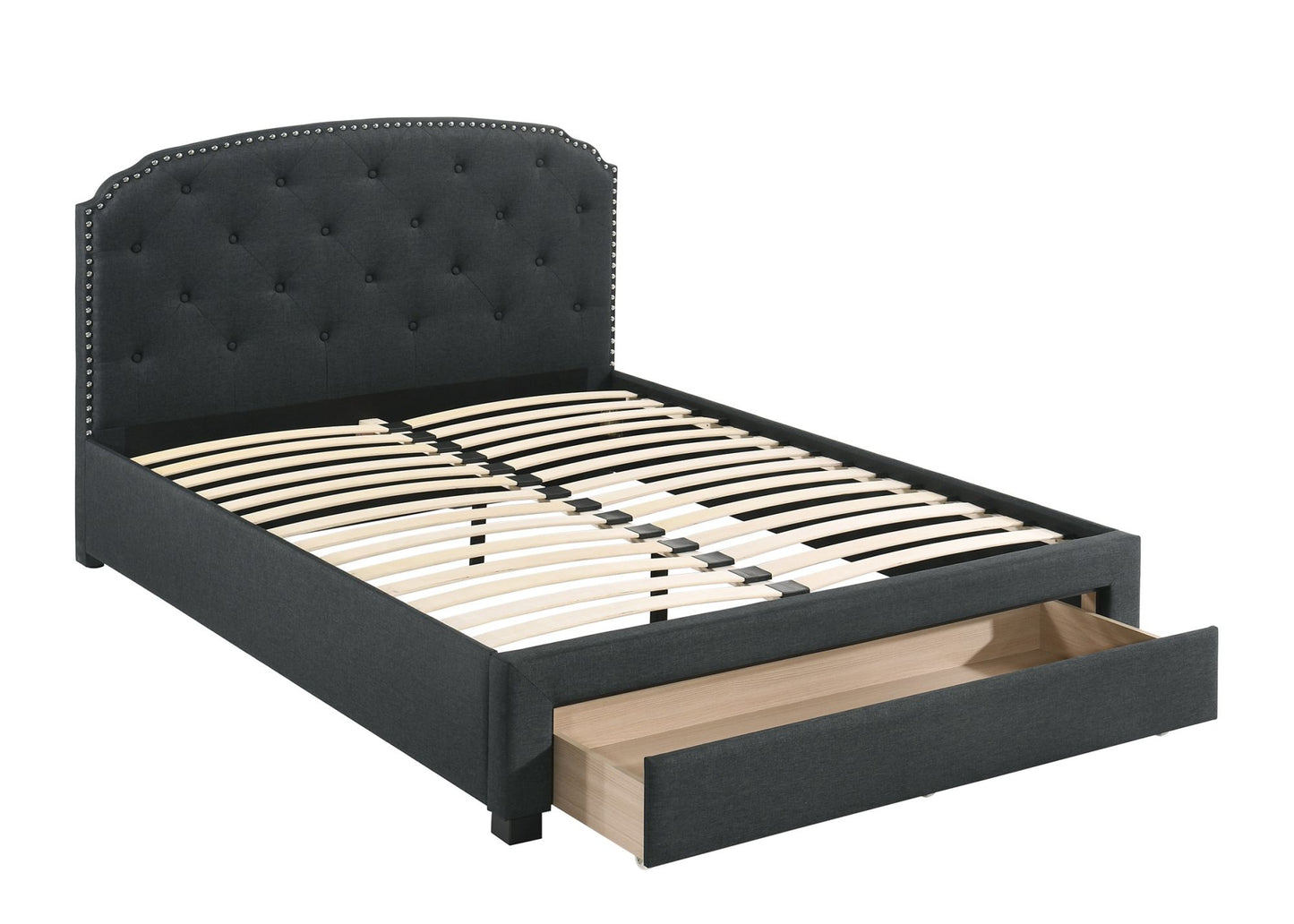 burlap bed with drawer button tufted headboard +storage, charcoal