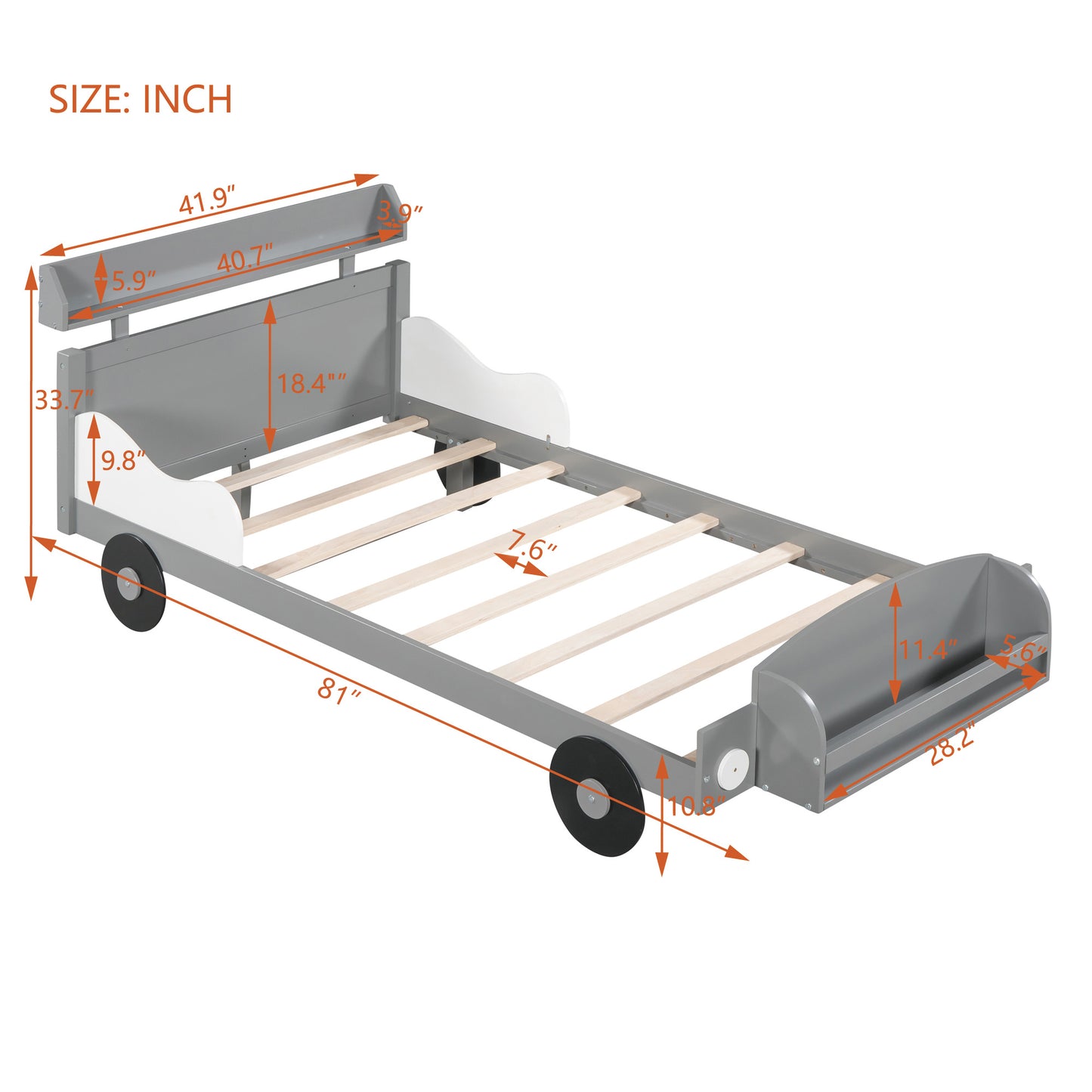 twin size car-shaped platform bed, gray