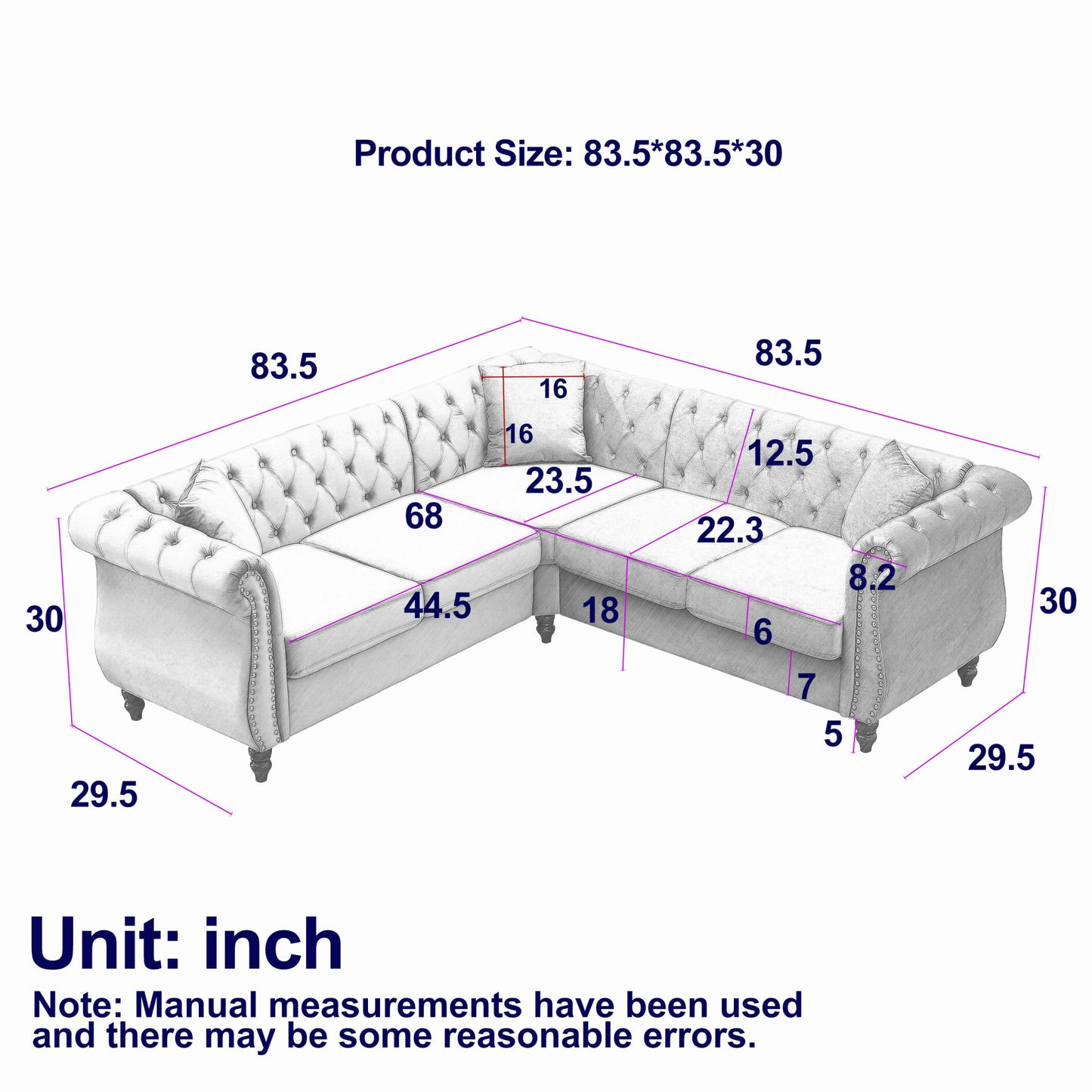 chesterfield 5-seater corner sofas with 3 pillows