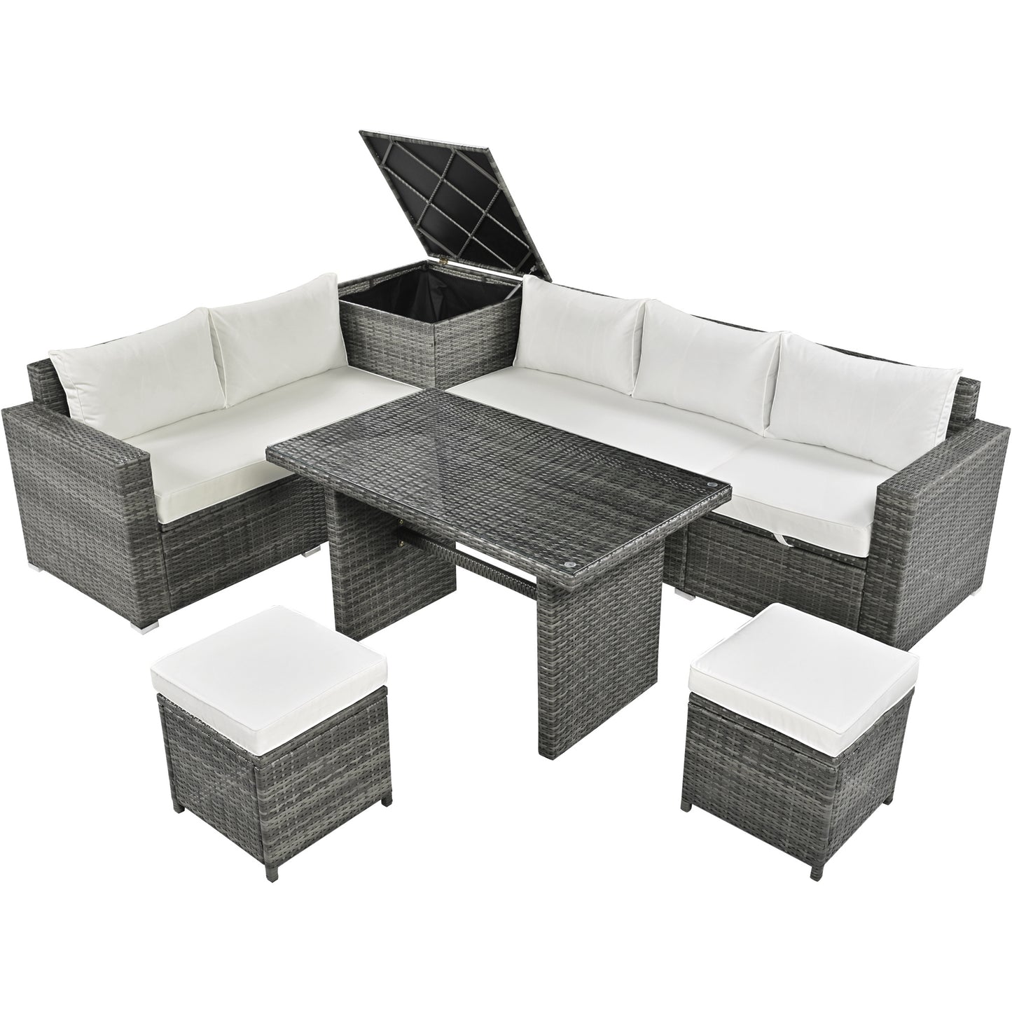 6-piece pe rattan sofa set with adjustable seat & storage box