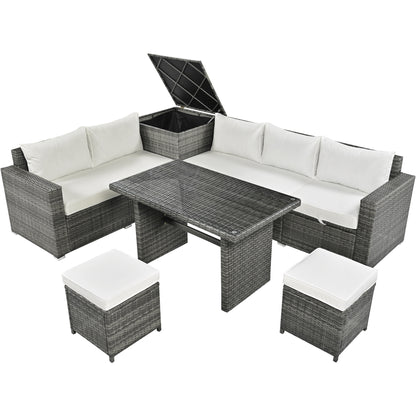 6-Piece PE Rattan Sofa Set with Adjustable Seat & Storage Box