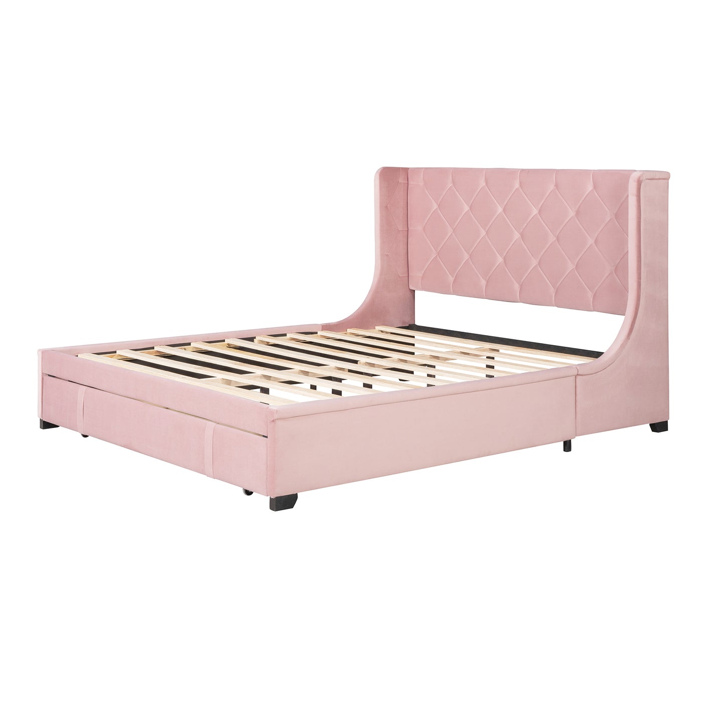 modern velvet upholstered platform bed with wingback headboard and a big drawer