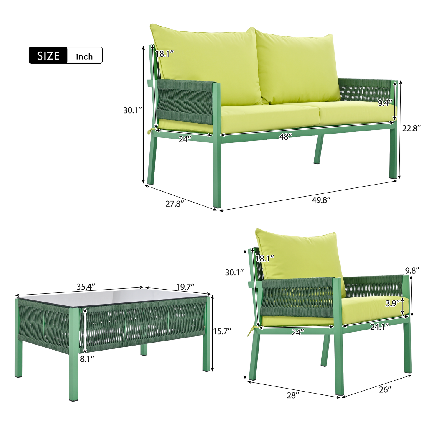 k&k 4-piece rope patio furniture set, fluorescent yellow & green