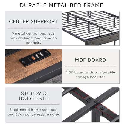 Queen Bed Frame with Storage Headboard, Charging Station and LED Lights,Dark Gray