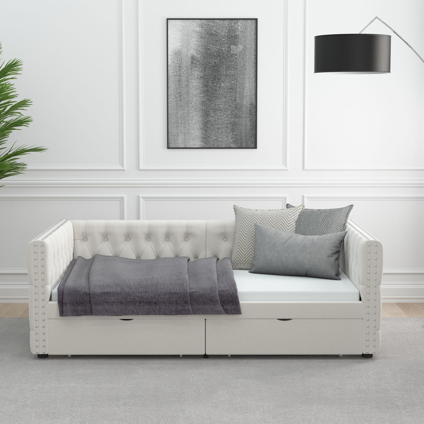 velvet upholstered tufted bed with drawers, white