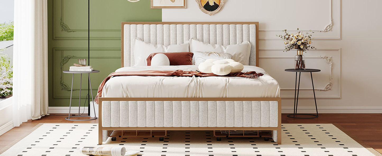 queen size metal frame upholstered bed with 4 drawers, linen fabric, beige