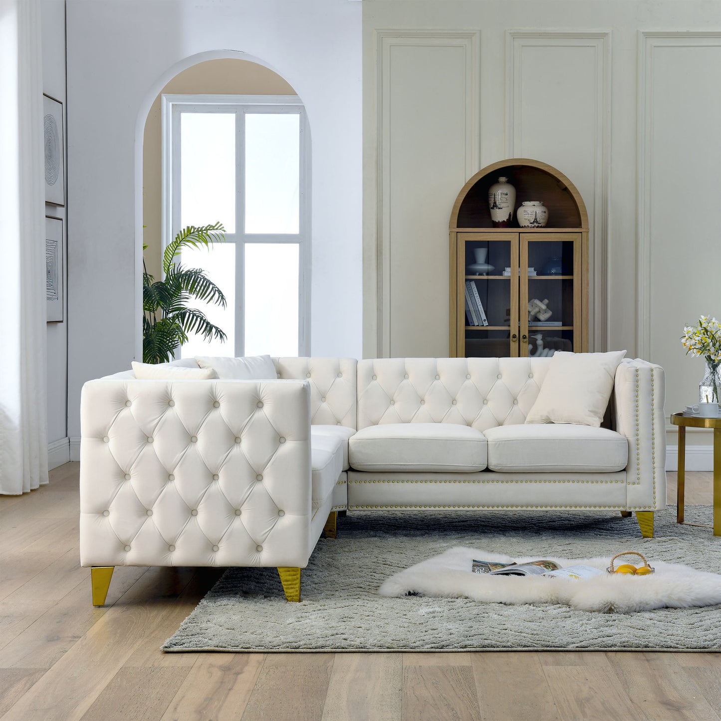 zara velvet l-shaped corner sectional, beige