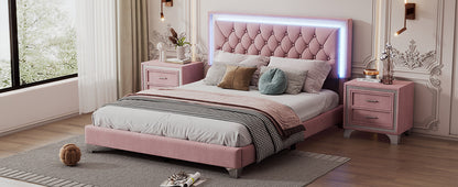 Upholstered Velvet Bed Frame with LED Lights, Pink