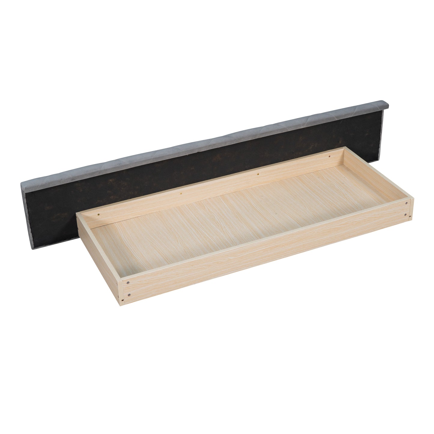 upholstered velvet platform bed with wingback headboard and 1 big drawer; 2 side storage stool