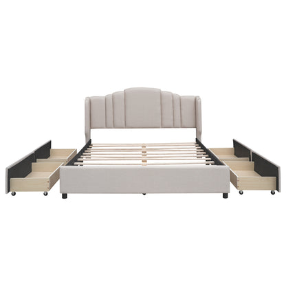 Mie Upholstered Platform Bed with Wingback Headboard and 4 Drawers
