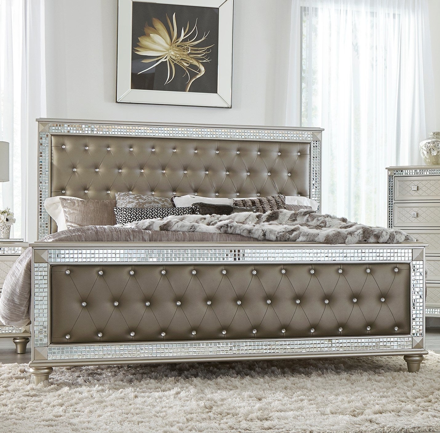 glamorous style champagne finish queen upholstered bed
