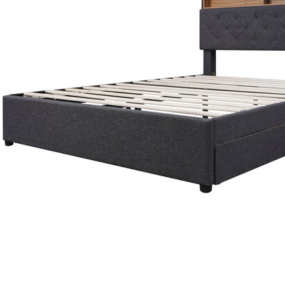 Full Size Upholstered Bed with Storage Headboard, LED, USB Charging and 2 Drawers, Dark Gray
