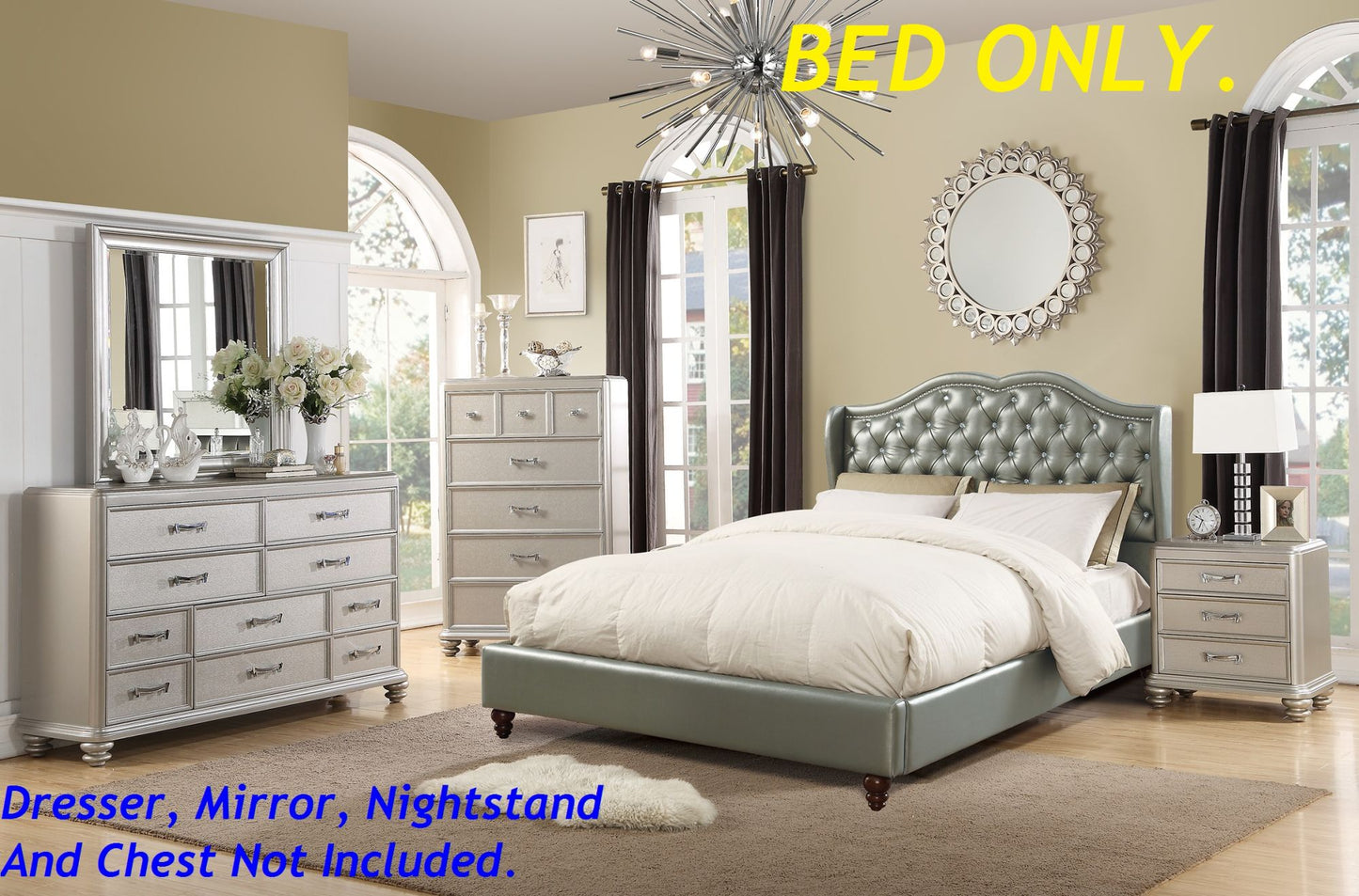 faux leather upholstered wingback design bed, silver