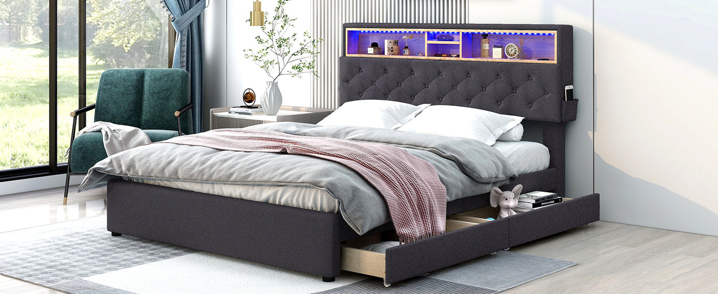 queen size upholstered platform bed with storage headboard, led, usb charging and 2 drawers, dark gray