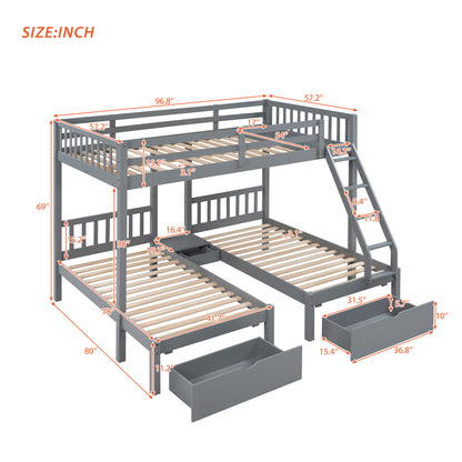 Triple Bunk Bed with Drawers and Guardrails, Gray