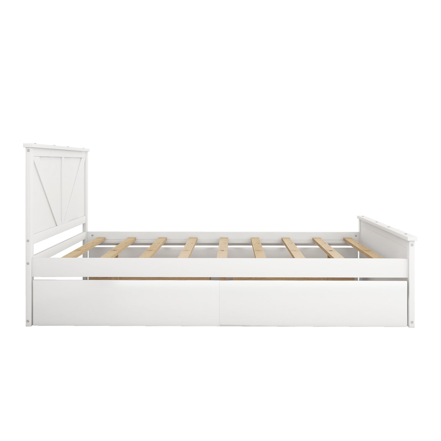 country wooden platform bed with four storage drawers