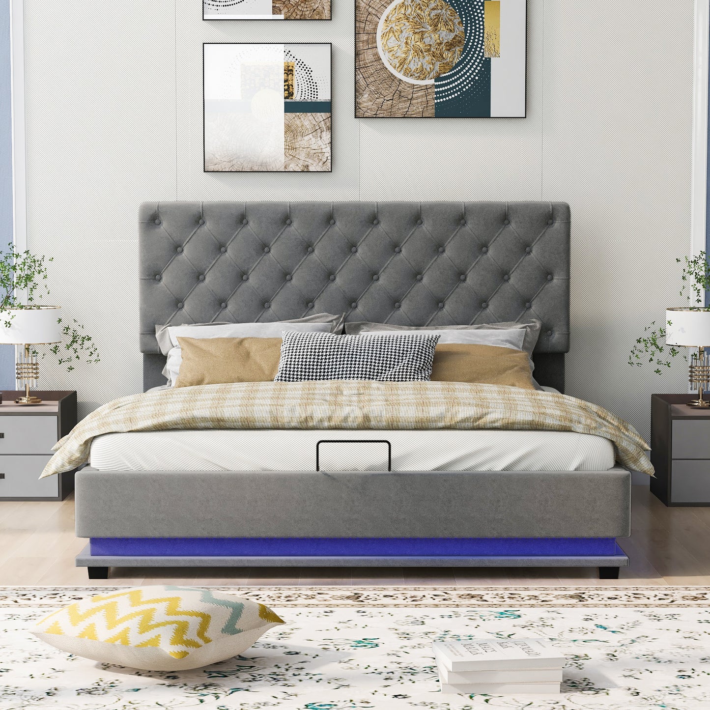 upholstered platform bed with adjustable tufted headboard and led light