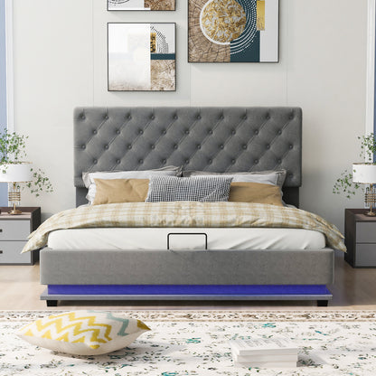 Upholstered Platform Bed with Adjustable Tufted Headboard and LED Light