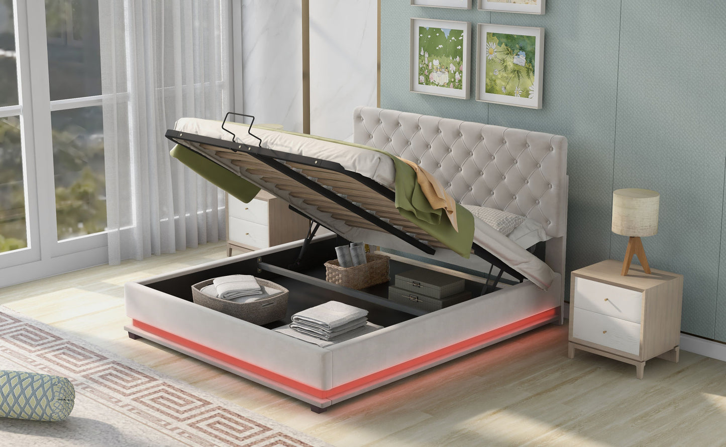 upholstered platform bed with adjustable tufted headboard and led light