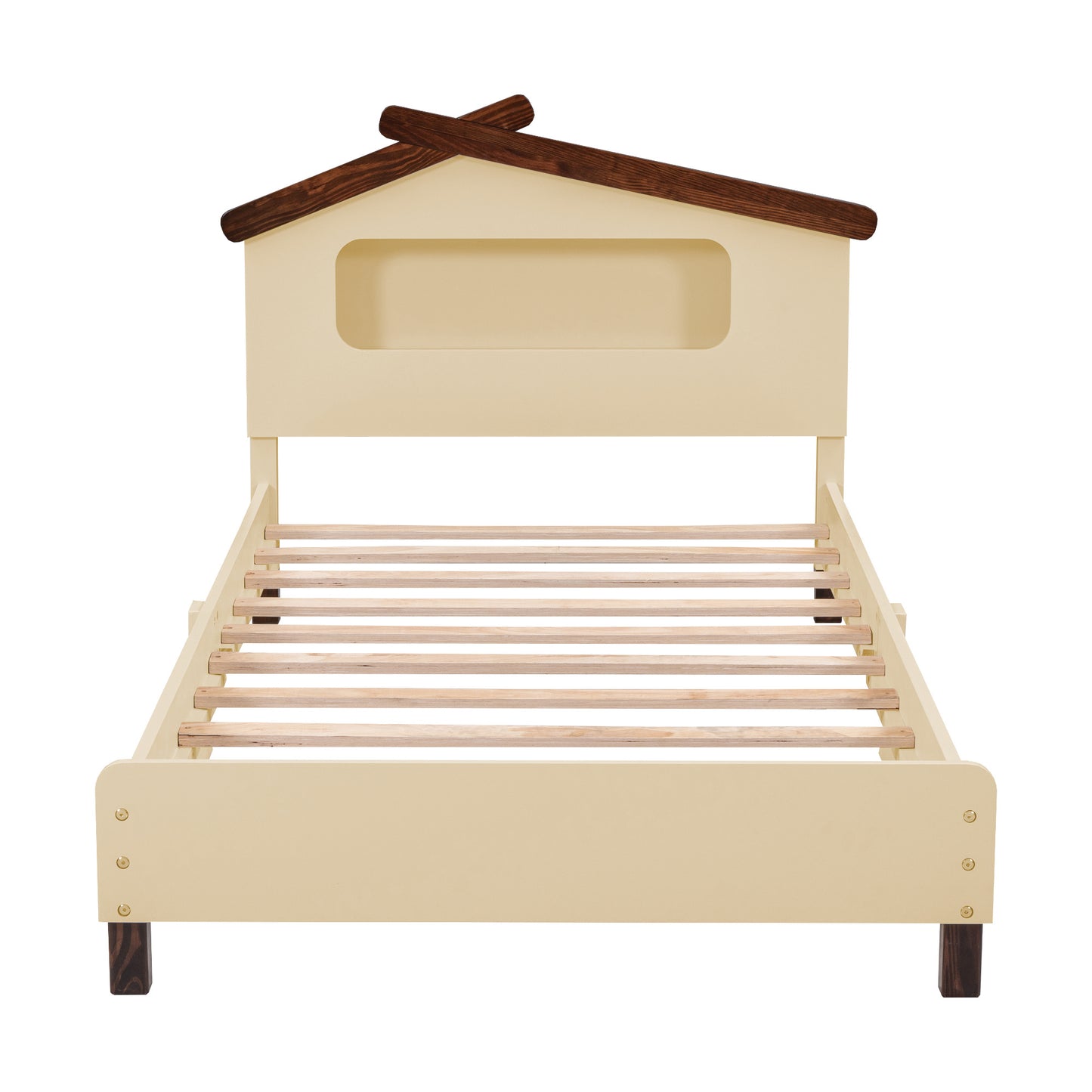 wood platform bed with house-shaped headboard and motion activated night lights, cream+walnut