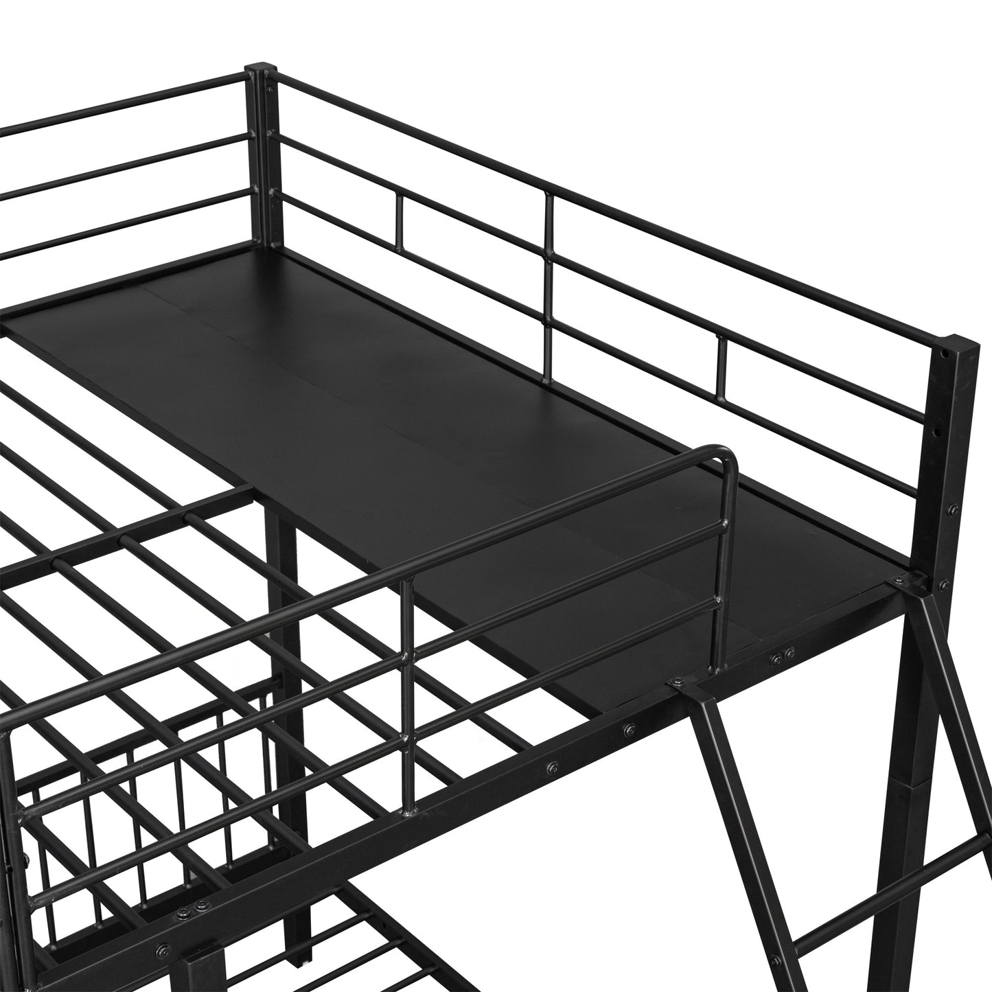 full over twin & twin bunk bed with drawers and guardrails, black