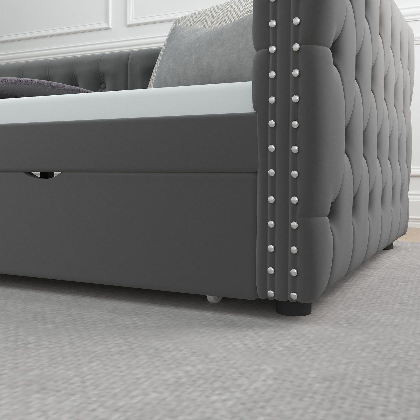 velvet upholstered tufted bed with drawers, grey