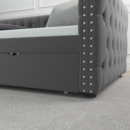 Velvet Upholstered Tufted Bed with Drawers, Grey