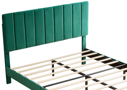 Queen Size Platform Bed with Upholstered Headboard and Slat Support, Green