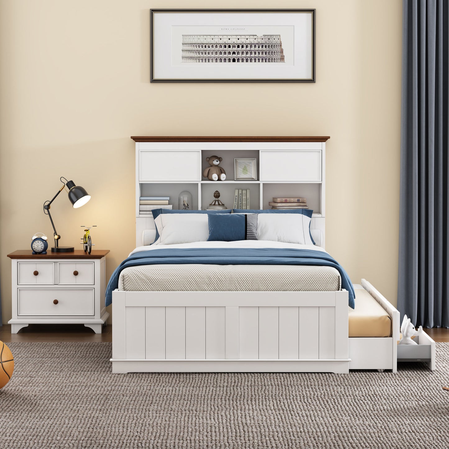 wooden captain bed with trundle and nightstand, white+walnut