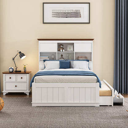 Wooden Captain Bed with Trundle and Nightstand, White+Walnut