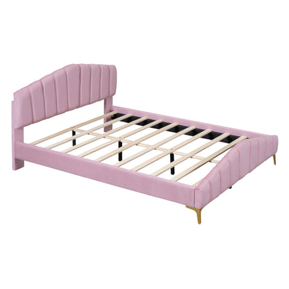 Stylish Velvet Platform Bed with Thick Fabric, Pink