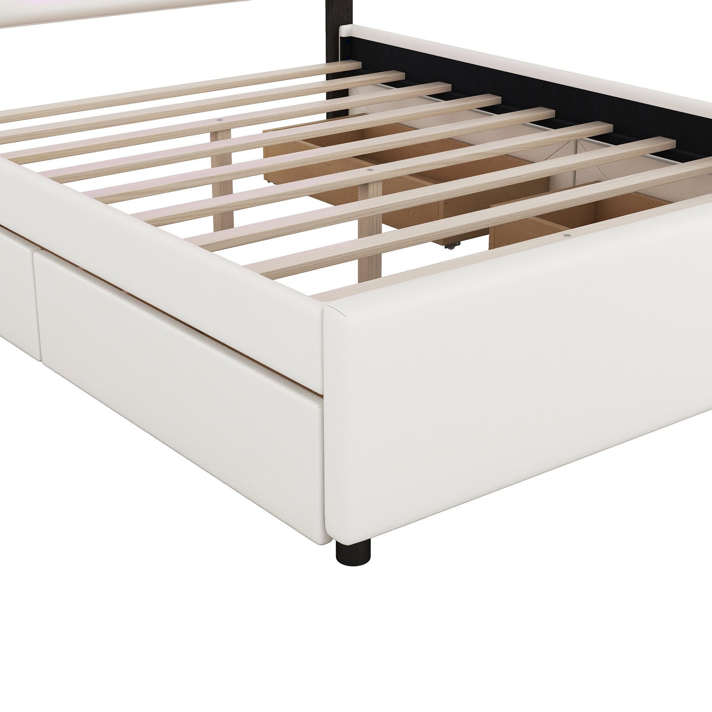 retro upholstered storage platform bed with led, 4 drawers and usb charging, white
