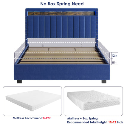 Luxury Gas Lift Storage Bed with RF LED Lights & Storage Headboard , Blue