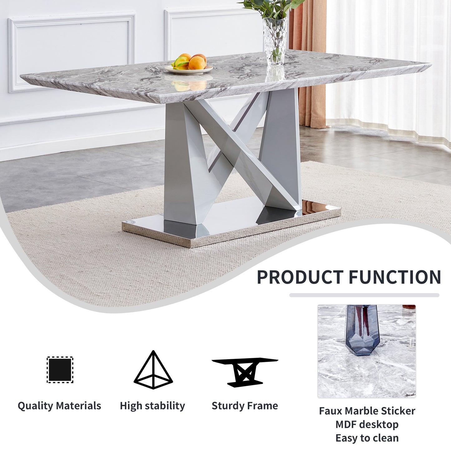 mdf faux marble dining table with white double v-shaped support