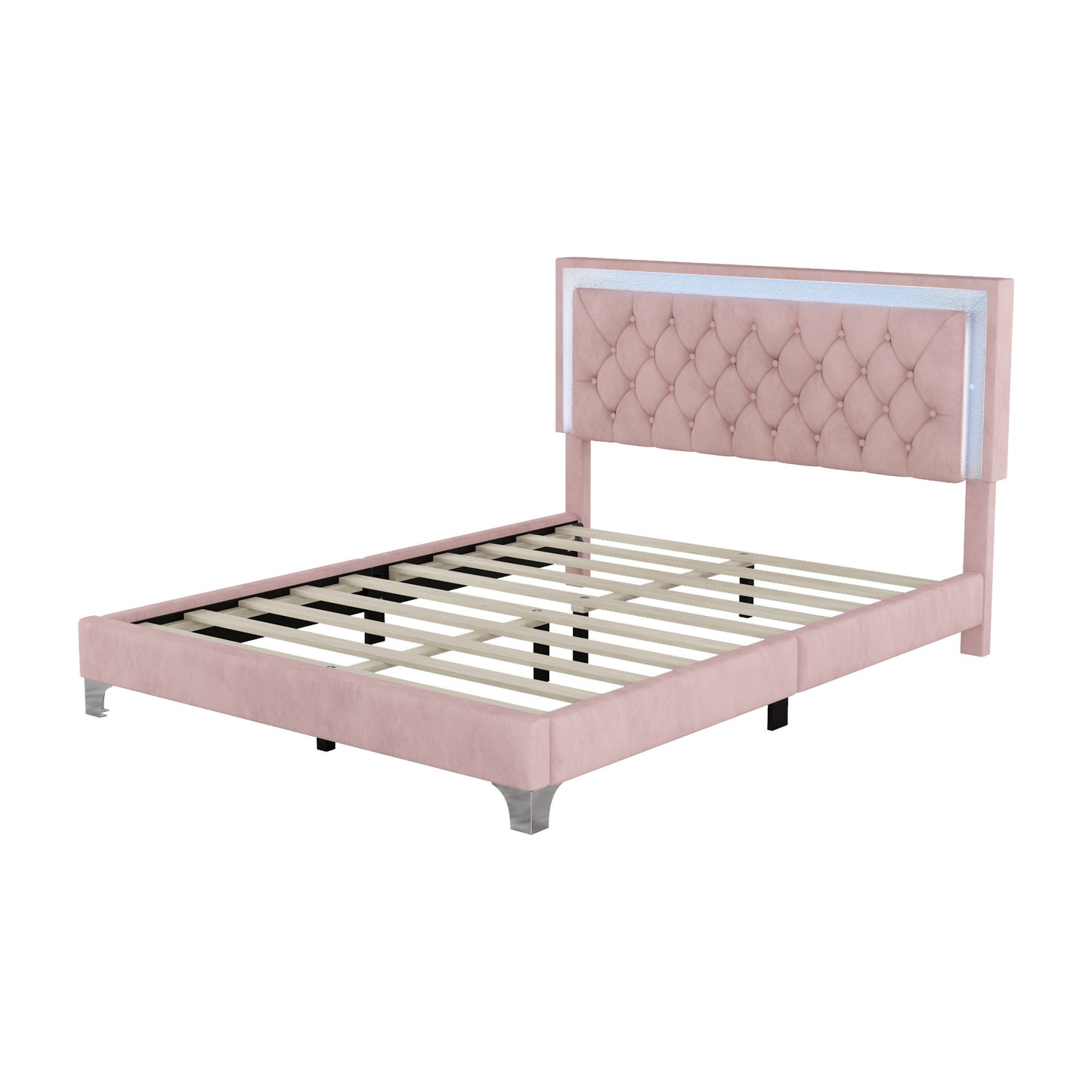 upholstered velvet bed frame with led lights, pink
