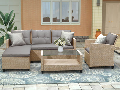 4 Piece Wicker Ratten Sectional Sofa Set with Seat Cushions, Beige Brown